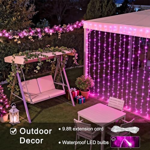 JMEXSUSS 300 LED Curtain Lights, Pink String Lights for Bedroom, 9.8x9.8 ft