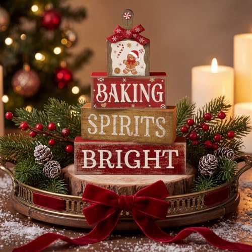 Lineshading 4 Pcs Christmas Table Decor, Gingerbread Baking Spirits Bright
