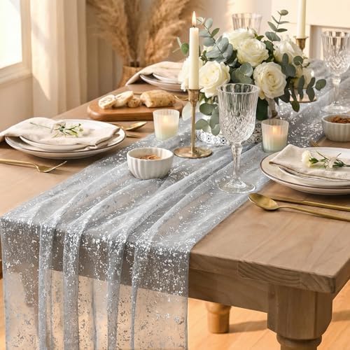 Artoid Mode Grey Gold Gauze Table Runner 120 Inch 10FT, Glitter Metallic Foil Sheer Dining Wedding Anniversary Holiday Birthday Table Decor for Home Party