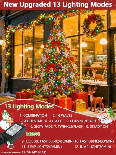2 Pack 200 LED Christmas Lights 13 Modes Extendable Christmas Tree Lights