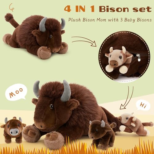 MorisMos Bison Stuffed Animal, 18inch Mommy Bison with 3 Babies