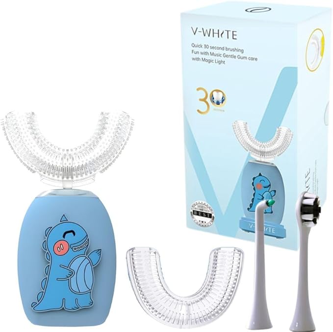 V-WHITE Kids Auto Brush Ultrasonic U-Shaped Toothbrush – 360° Teeth Cleaning, Hands-Free Electric Autobrush for Kids – Gum Protection, Waterproof IPX7, Wireless Charging (Blue)