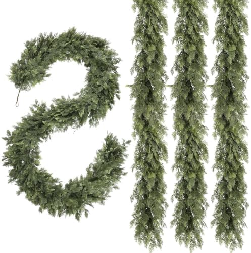 Christmas Garland 9FT Decorations Real Touch Cedar Cypress Pine Greenery Artificial Green Christmas Garland for Mantle, Fireplace, Table, Stairs, Door, Porch, Indoor Outdoor Decorations, 4Pcs