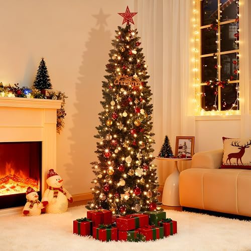 12 FT Pre-Lit Christmas Tree, Artificial Pencil Holiday Decoration with 700 LED Light & 2053 Tips, Metal Foldable Stand for Indoor Use, Green