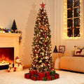 7.5FT Pre-Lit Christmas Tree, Artificial Pencil Holiday Decoration with LED Light & 743 Tips, Metal Foldable Stand for Indoor Use, Green