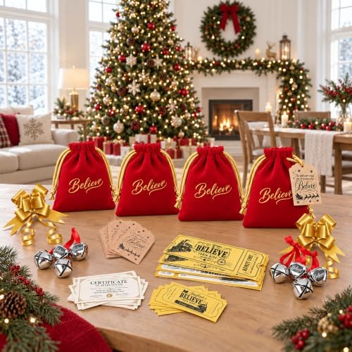 84 Pcs Christmas Believe Bell Golden Ticket Gifts Set Xmas Tree Ornaments