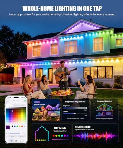 POOFZY Permanent Outdoor Lights 150FT, RGB+IC Smart Outdoor Lights for House, App & Voice Control, Waterproof Outdoor Eave Lights for Christmas Holiday Patio Yard Decor