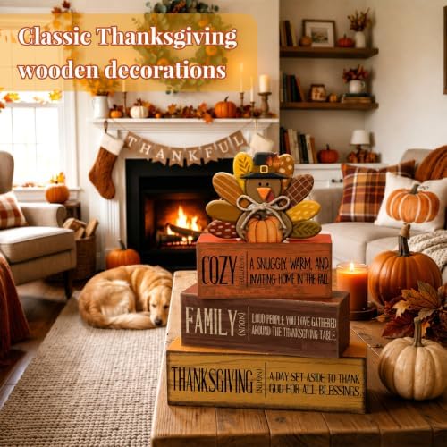 Moucuny 4 Pcs Thanksgiving Table Decoration, Cozy Turkey Wooden Block Signs