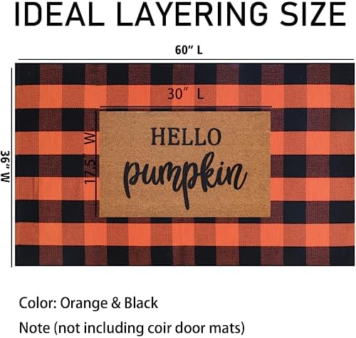 Orange and Black Plaid Rug, 3' x 5' Fall Outdoor Front Door Decor Mat, Cotton Washable Hand-Woven Rug for Layered Doormat, Autumn Halloween Thanksgiving Carpet for Porch, Entryway