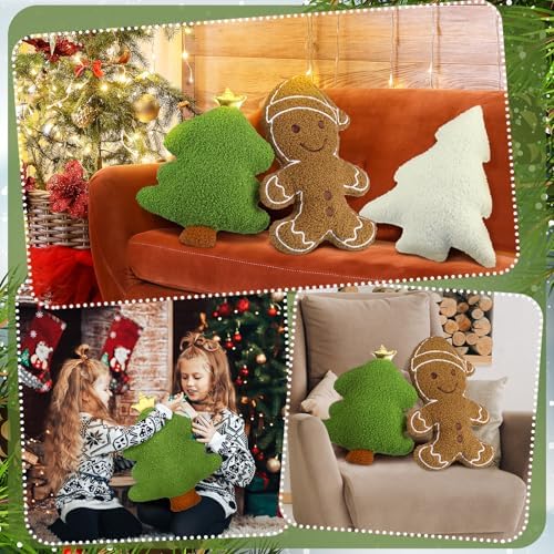 Konohan 3 Pcs Christmas Gingerbread Pillows Green Vintage Tree Man Plush