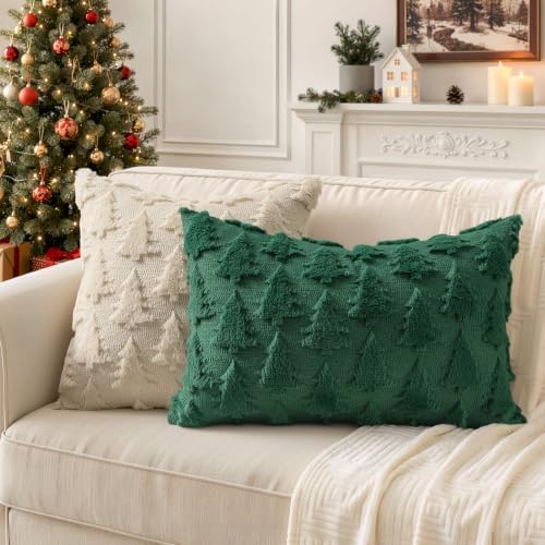 MIULEE Christmas Throw Pillow Covers Lumbar Dark Green Christmas Decorations Xmas Tree 16x24 Pillow Covers Soft Plush Faux Wool Pillowcases Holiday Festivals Winter Home Decor Sofa Couch Bed Porch