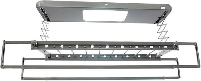 Electric Clothes Airing Rack,Adjustable Ceiling Mounted Smart Control Clothes Airing Rack w/ LED Lighting & 2 Retractable Rods,Vertical Laundry Clothesline w/ 8 Horizontal Rods for Balcony (Gray)