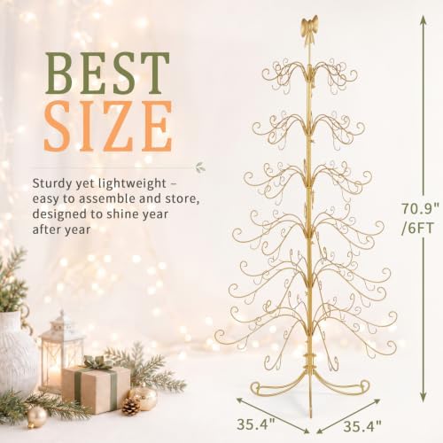 6ft Wrought Iron Christmas Tree, Bow Topper, for Hanging Ornaments, Gold