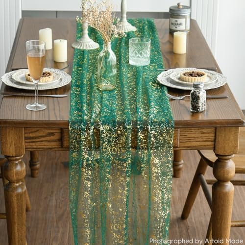 Artoid Mode 6PCS Green Gold Gauze Table Runner 120 Inch 10FT, Glitter Metallic Foil Sheer Dining Wedding Anniversary Holiday Table Decor for Home Party