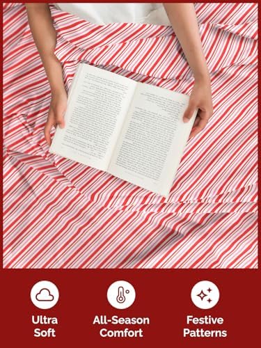 Christmas Sheet Set, Candy Cane Stripe, Holiday Xmas Bedding Set - Queen