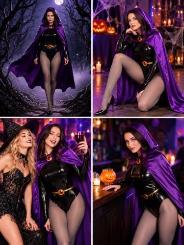 Raven Costume Set for Women with Hooded Cape Bodysuit and Gem Belt