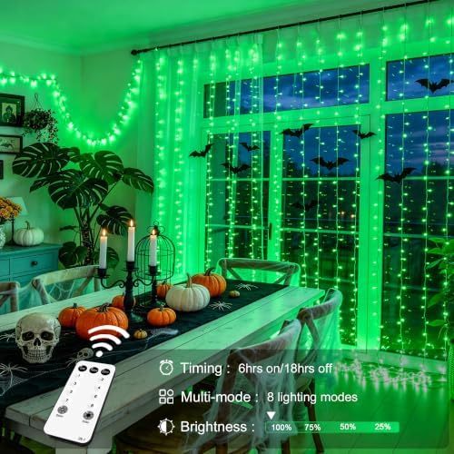 JMEXSUSS 300 LED Green Curtain Lights for Halloween Decor, 9.8x9.8ft