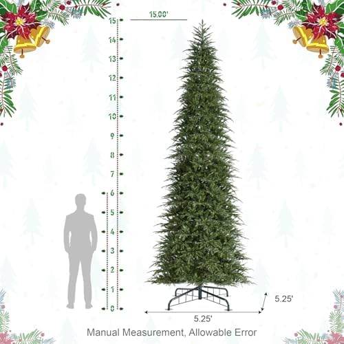 Glitzhome 15ft Prelit Artificial Christmas Tree,Radiant Evergreen Fir with 1500 Warm White/Multi-color LED Lights,9 Function,w/Remote Control,Slim Xmas Tree w/Metal Hinges & Foldable Base,Simple Setup