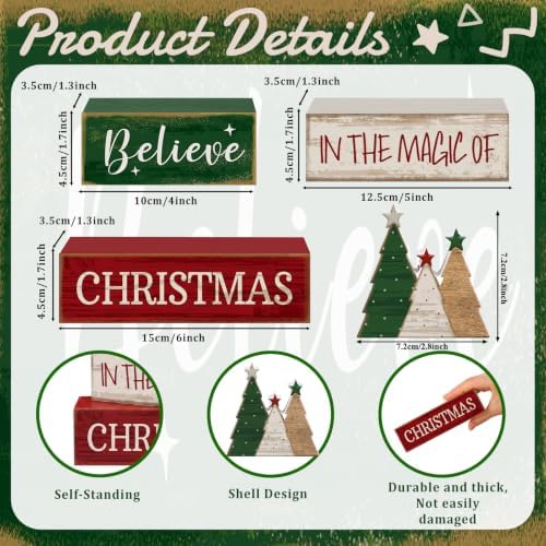 Moucuny 4 Pcs Christmas Table Decorations Rustic Christmas Tree Stacked Wooden Sign Decor Red Green and White Winter Tiered Tray Decor Xmas Table Centerpiece Farmhouse for Home Kitchen Shelf