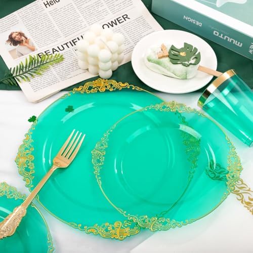 Hioasis 350 Pcs Green Gold Plates for Party