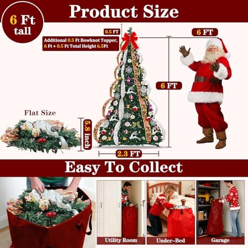 6 FT Prelit Pop Up Christmas Tree with 200 Warm White & Multicolor Lights 8 Modes & Timer Fully Decorated 103 Ornaments, Collapsible Pull Up Christmas Tree with Lights for Indoor Home Party Decor