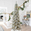 Glitzhome 9ft Prelit Christmas Tree, Artificial Christmas Tree with 470 Warm White Lights, Flocked Pencil Christmas Tree Chicago Frostwood Spruce w/1581 PE&PVC Branch Tips and Sturdy Metal Stand