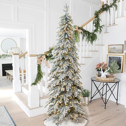 Glitzhome 9ft Prelit Christmas Tree, Artificial Christmas Tree with 470 Warm White Lights, Flocked Pencil Christmas Tree Chicago Frostwood Spruce w/1581 PE&PVC Branch Tips and Sturdy Metal Stand