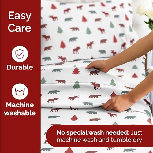 Christmas Sheet Set, Woodland Scene, Holiday Xmas Bedding Set - Queen Size