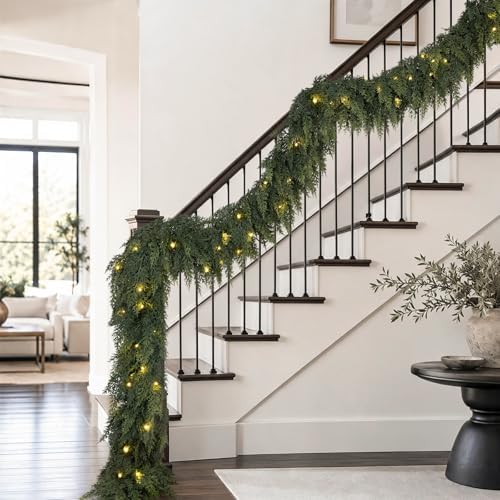 9FT Christmas Cedar Garland with Lights Prelit Pine Garland Christmas Decor (10, Green, 9FT)