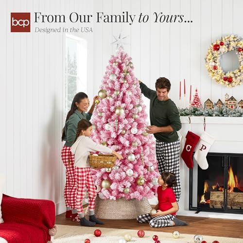 Best Choice Products Artificial Flocked Christmas Tree, 6ft Premium Unlit Colorful Pine Holiday Décor w/Full Branches, Metal Stand - Pink