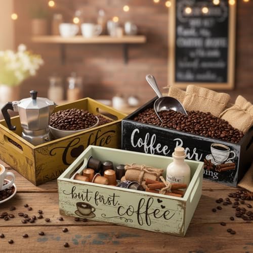 3 Pcs Christmas Wood Crate with Words Coffee Bar Love Is Brewing