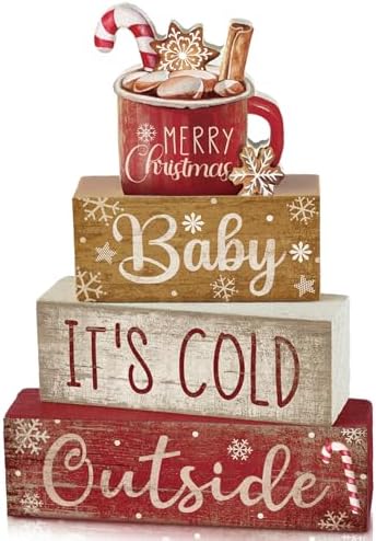 Moucuny 4 Pcs Christmas Table Decorations Indoor, Hot Cocoa Wood Block Sign