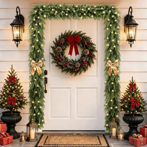 Christmas Garland with Lights Prelit Real Touch Cedar Garland Christmas Decorations 9.1ft Lush Realistic Faux Pine Garlands for Mantle, Table, Stairs, Doorframe, Fireplace Indoor Outdoor Decorations