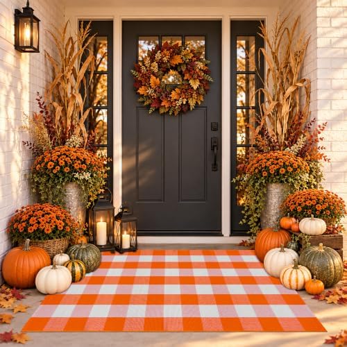 Orange and White Plaid Rug, 24'' x 51'' Fall Front Door Decor Mat, Cotton Washable Hand-Woven Door mat for Layered Doormat, Autumn Halloween Thanksgiving Carpet for Porch, Entryway