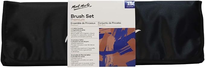 Mont Marte Premium Brush Wallet Set, 15 Piece, Includes Hog Bristle and Taklon Brushes, Suitable for Watercolor, Acrylic, Oil, Gouache and Tempera Painting
