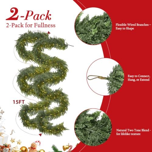 2Pcs 15FT Christmas Garland with LED Lights, Real Touch Cedar Garland Artificial Greenery Garland with 200 Cedar Branches, 8 Lighting Modes for Mantel, Table Runner, Stairs Holiday Winter Decor