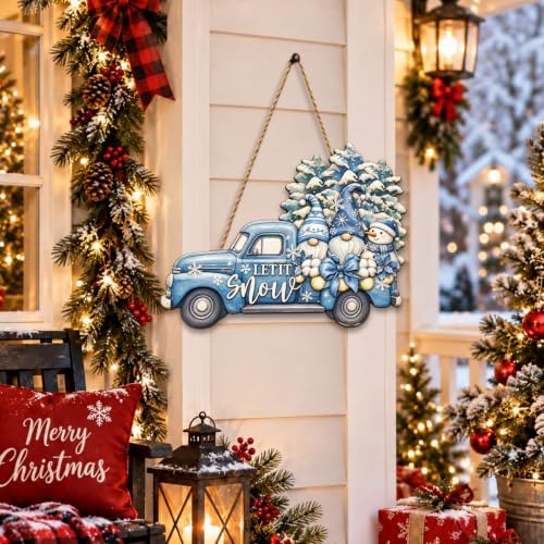 Christmas Decorations Blue Truck Winter Gnomes Hanging Wooden Sign