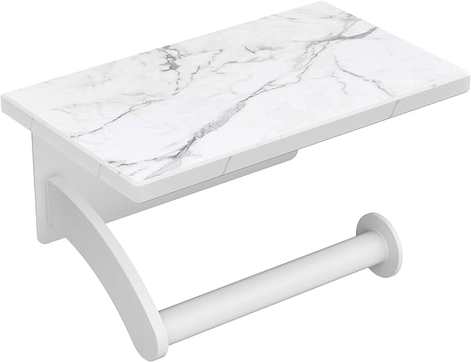 FORIOUS Toilet Paper Holder with Phone Shelf, Natural Marble Wall Mount Tissue Roll Holder for Bathroom, Washroom, 304 Stainless Steel Commercial Toilet Tissue Dispensers with Shelf, White