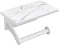 FORIOUS Toilet Paper Holder with Phone Shelf, Natural Marble Wall Mount Tissue Roll Holder for Bathroom, Washroom, 304 Stainless Steel Commercial Toilet Tissue Dispensers with Shelf, White