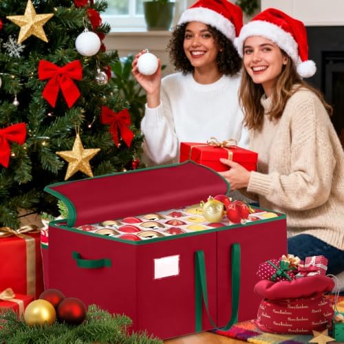 SeasonBliss Christmas Ornament Storage Box, Large Holds 128 Balls, Red