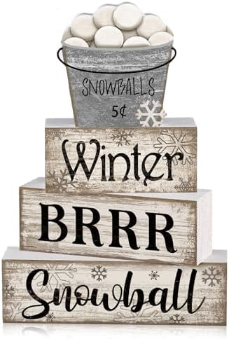 Moucuny 4 Pcs Winter Wooden Block Signs Farmhouse Table Decoration