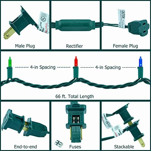 YULETIME 200 Multicolor LED Christmas Lights, 66 ft Green Wire String Light