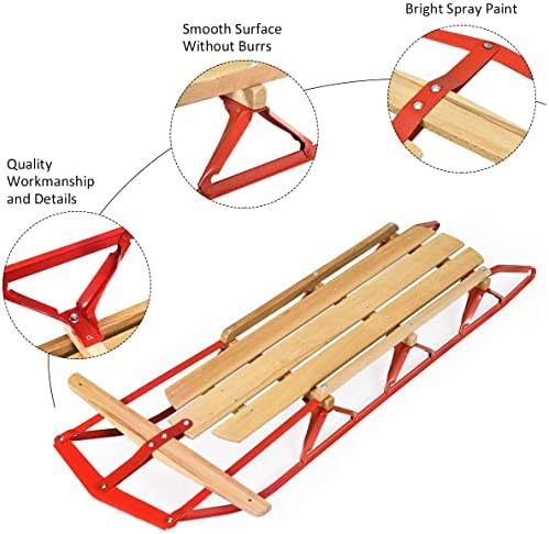 GLACER Wooden Sled, 54 Inches Snow Slider w/Metal Runners & Steering Bar, Sleigh Toboggan Pull Sled for Kids & Adults, Steel & Wood