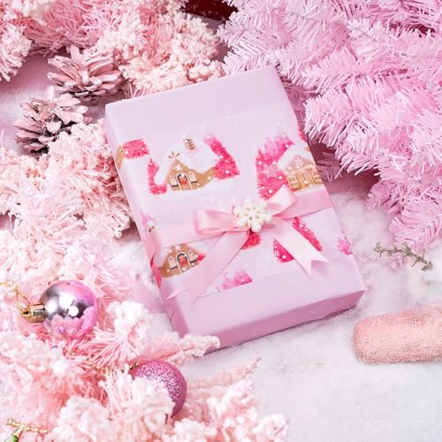 WRAPAHOLIC 30 Inch Jumbo Reversible Christmas Wrapping Paper - 30 Inch x 100 Feet Jumbo Roll Pink Gingerbread House and Solid Pink Wrapping Paper for Christmas, Holiday, Party Celebration
