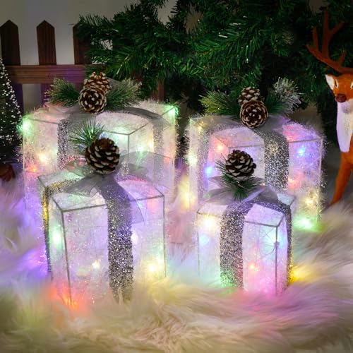 Set of 4 Christmas Lighted Gift Boxes, Multicolor Holiday Decor