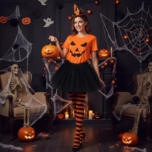 Maiteenly Halloween 4pcs Costume Set Pumpkin T Shirt Bat Headband Striped Tights Tutu Ballet Skirt for Women Halloween Party