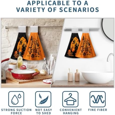 Halloween Trick or Treat Hand Towel with Hanging Loop Spooky Witch Haunted Castle Kitchen Hanging Towels Set of 2 Seasonal Holiday Fingertip Bath Towels Soft Absorbent Dish Tie Towel