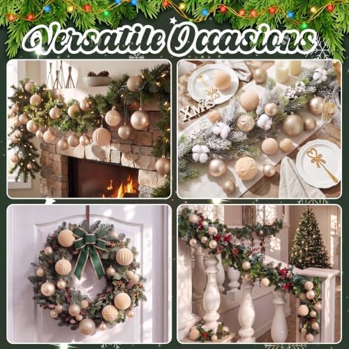 Civaner 52 Pcs Velvet Christmas Ball Ornaments Flocked Christmas Tree Hanging Ornaments 3 Assorted Size Shatterproof Xmas Ball Decorations Set for Xmas Holiday Winter Party Decor(Beige)