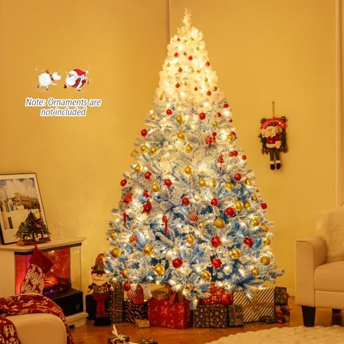 HAPPYGRILL 8 FT Pre-lit Flocked Christmas Tree Blue Hinged Xmas Tree with 1774 Branch Tips, 470 Warm White LED Lights & Folding Metal Stand, for Home Office Carnival