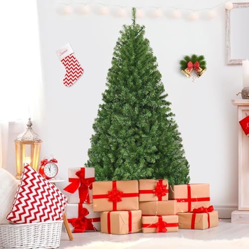 HAPPYGRILL 5FT Pre-lit Artificial Christmas Tree with 600 PVC Branch Tips, Foldable Base, Premium Hinged Spruce Xmas Tree with 11 Color Modes Lights for Holiday Decoration